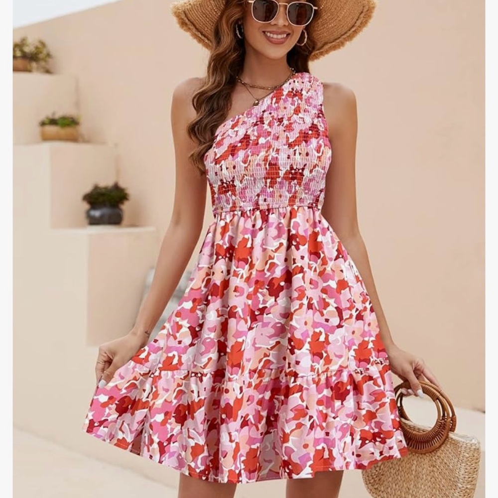 One Shoulder Smocked Tiered Mini Dress Pink Floral Abstract EUC. Size Medium